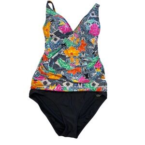 Into The Bleu Floral Tankini Swim Top With Black Bottom Tropical Size L